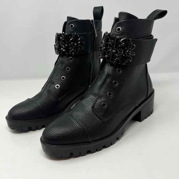 Karl Lagerfeld Boots Woman's 7.5M Black Payson Side Zip Jeweled Ankle Belt  NWOT - Picture 2 of 13